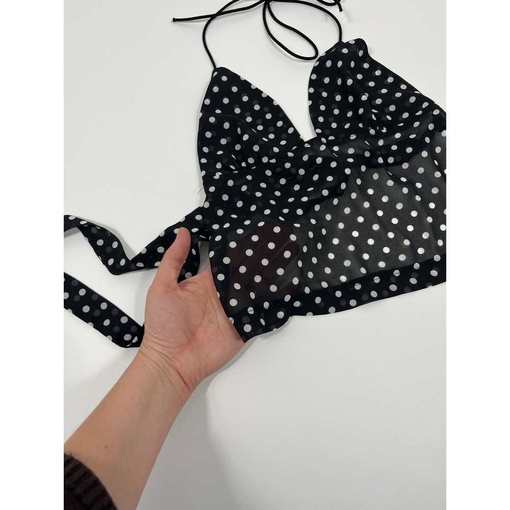Y2K Babydoll Going Out Top Womens S Black Polka Dot Sheer Chic Minimalist - Picture 2 of 9